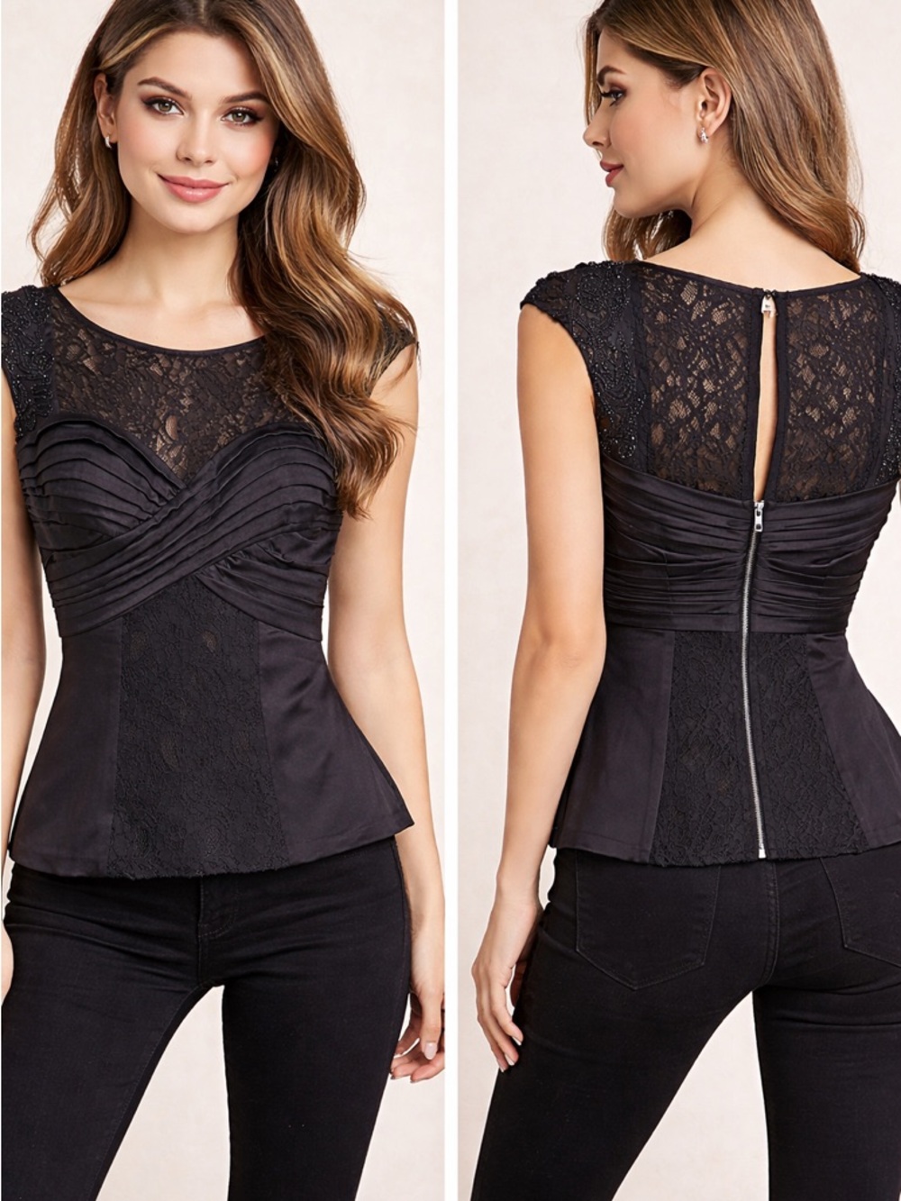 Black Lace-Overlay Cap Sleeve Peplum Top